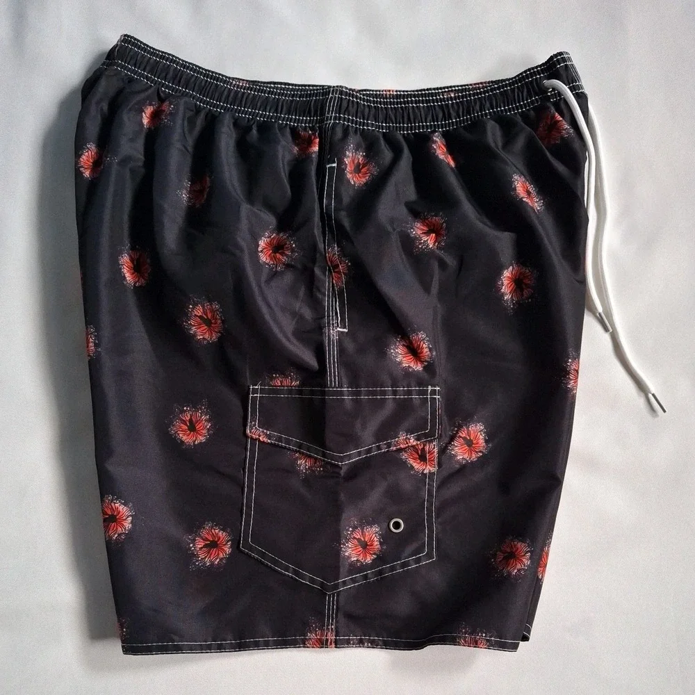 Scotamalone Men's Floral Swim Trunks Black/Red Drawstring Pockets Size L